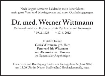 Traueranzeige von Werner Wittmann von Süddeutsche Zeitung