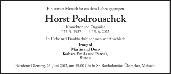 Traueranzeige von Horst Podrouschek von Süddeutsche Zeitung