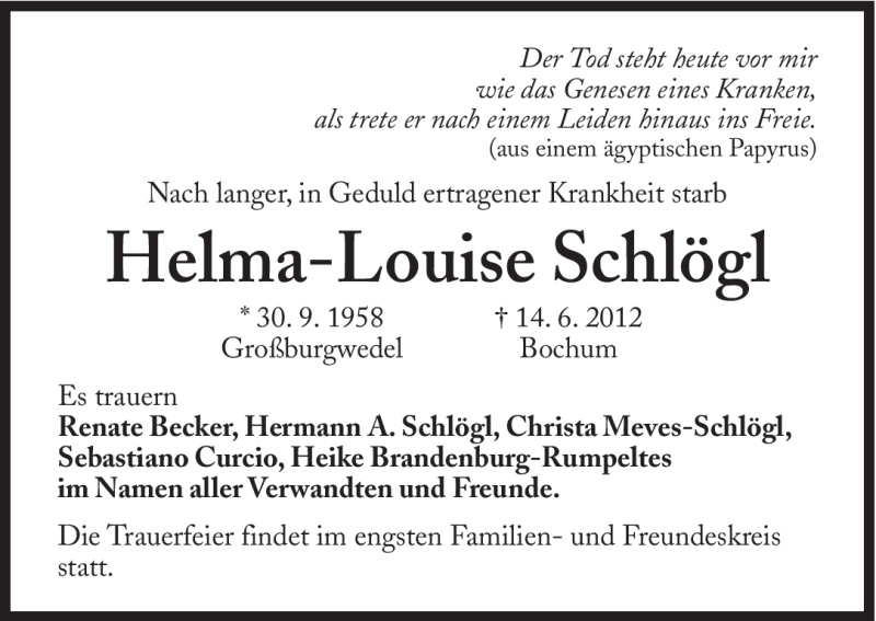  Traueranzeige für Helma-Louise Schlögl vom 23.06.2012 aus Süddeutsche Zeitung