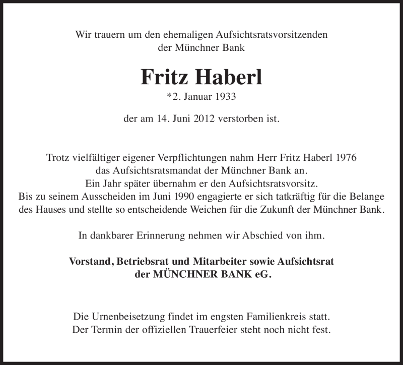  Traueranzeige für Friedrich Haberl vom 20.06.2012 aus Süddeutsche Zeitung