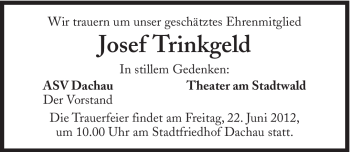 Traueranzeige von Josef Trinkgeld von Süddeutsche Zeitung