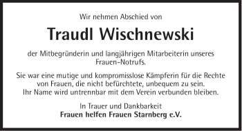Traueranzeige von Traudl Wischnewski von Süddeutsche Zeitung