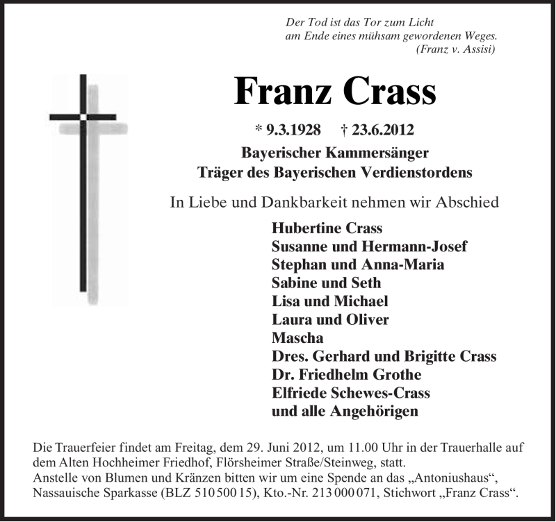  Traueranzeige für Franz Crass vom 27.06.2012 aus Süddeutsche Zeitung