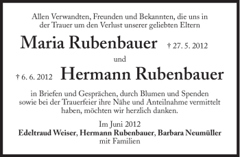 Traueranzeige von Maria und Hermann  Rubenbauer von Süddeutsche Zeitung