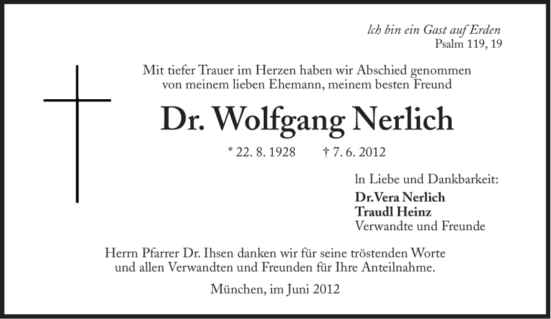  Traueranzeige für Wolfgang Nerlich vom 30.06.2012 aus Süddeutsche Zeitung