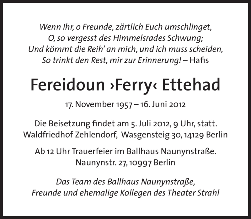  Traueranzeige für Fereidoun Ettehad vom 30.06.2012 aus Süddeutsche Zeitung