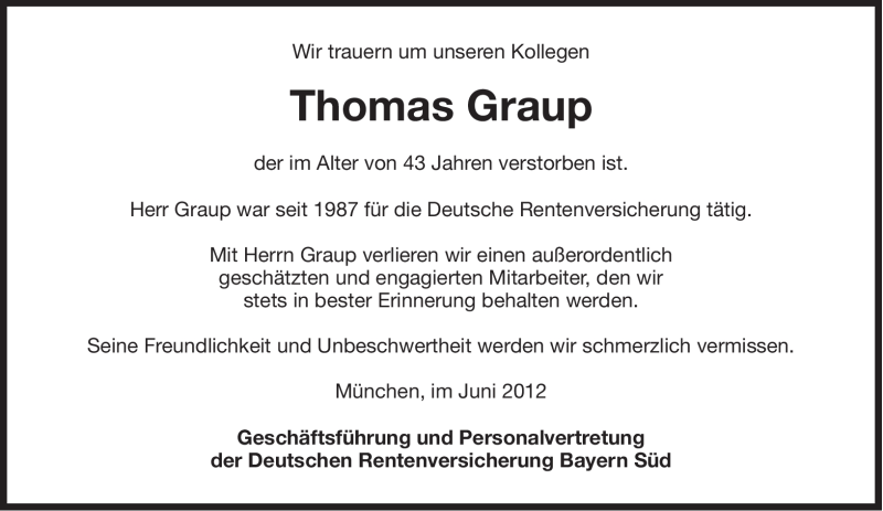  Traueranzeige für Thomas Graup vom 30.06.2012 aus Süddeutsche Zeitung