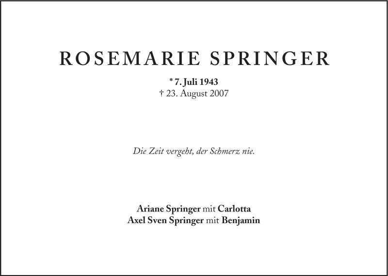  Traueranzeige für Rosemarie Springer vom 07.07.2012 aus Süddeutsche Zeitung