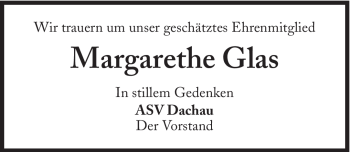 Traueranzeige von Margarethe Glas von Süddeutsche Zeitung
