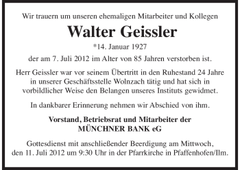 Traueranzeige von Walter Geissler von Süddeutsche Zeitung