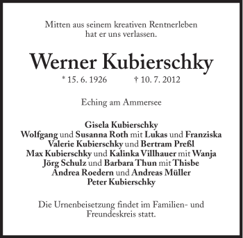 Traueranzeige von Werner Kubierschky von Süddeutsche Zeitung