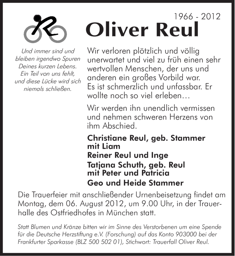  Traueranzeige für Oliver Reul vom 14.07.2012 aus Süddeutsche Zeitung