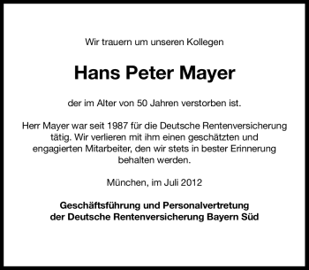 Traueranzeige von Hans Peter Mayer von Süddeutsche Zeitung
