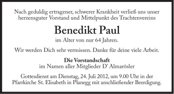 Traueranzeige von Benedikt Paul von Süddeutsche Zeitung