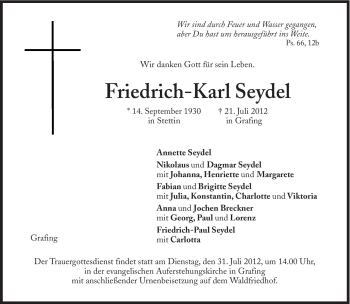 Traueranzeige von Friedrich-Karl Seydel von Süddeutsche Zeitung