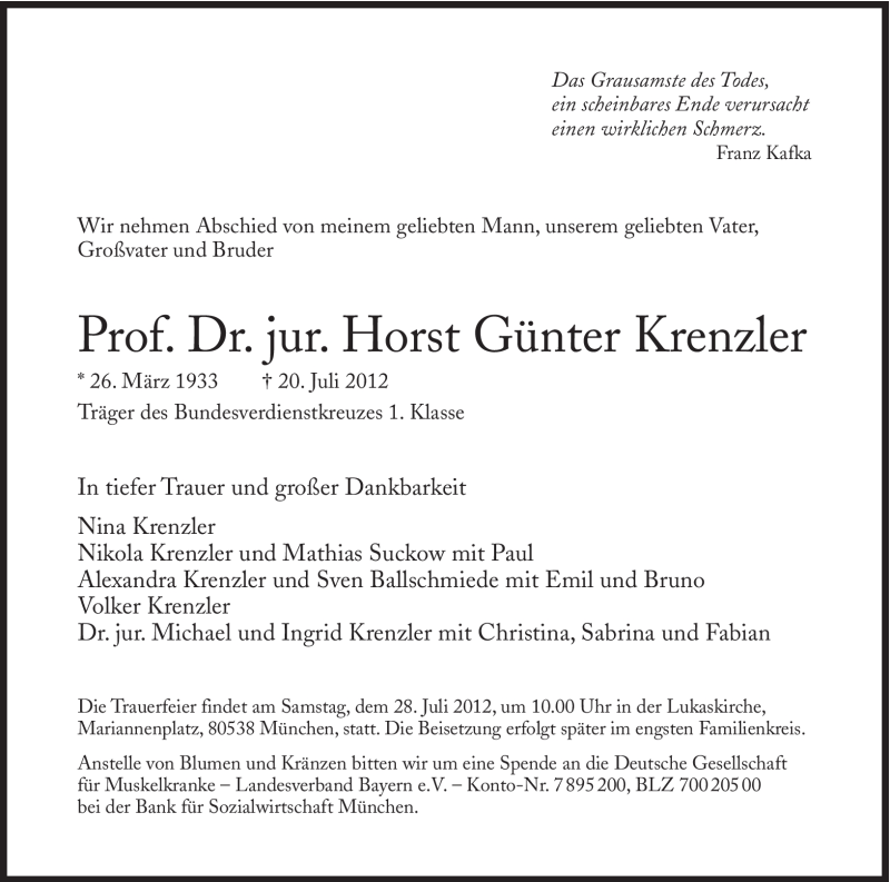  Traueranzeige für Horst Günter Krenzler vom 25.07.2012 aus Süddeutsche Zeitung