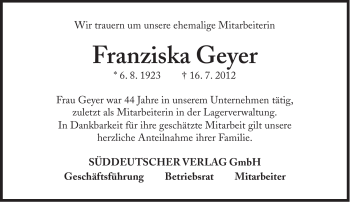 Traueranzeige von Franziska Geyer von Süddeutsche Zeitung