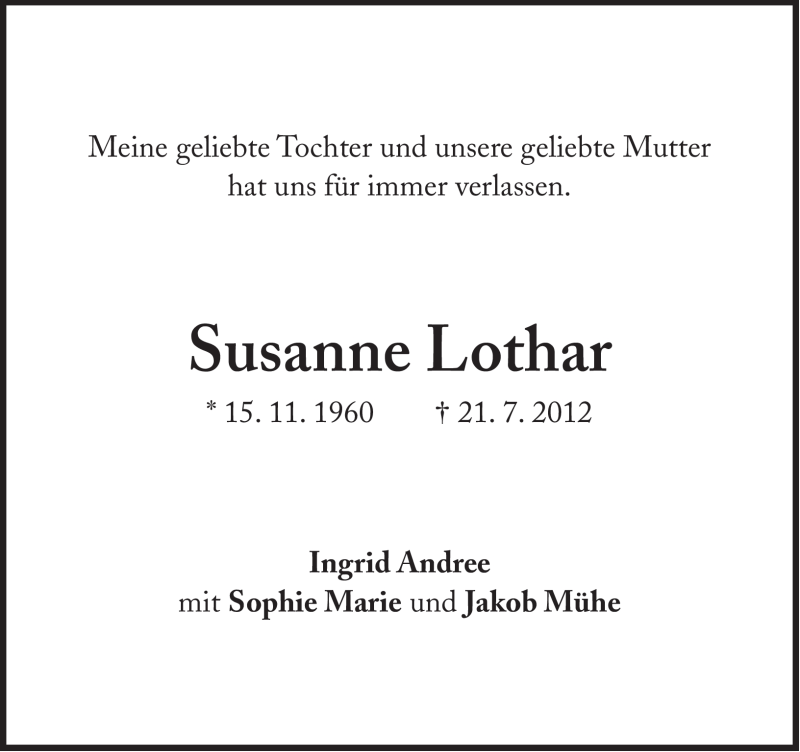  Traueranzeige für Susanne Lothar vom 26.07.2012 aus Süddeutsche Zeitung