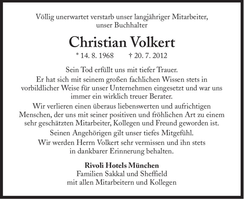  Traueranzeige für Christian Volkert vom 27.07.2012 aus Süddeutsche Zeitung