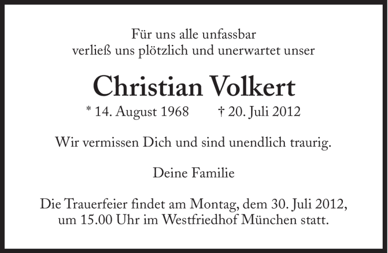  Traueranzeige für Christian Volkert vom 28.07.2012 aus Süddeutsche Zeitung