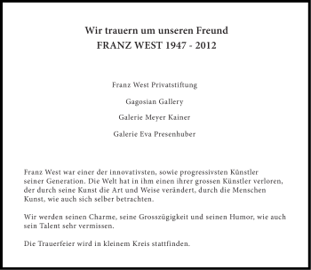 Traueranzeige von Franz West von Süddeutsche Zeitung