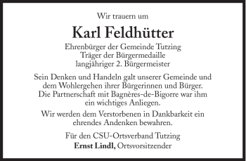 Traueranzeige von Karl Feldhütter von Süddeutsche Zeitung