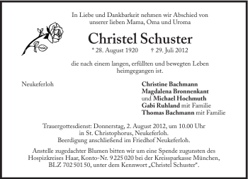 Traueranzeige von Christel Schuster von Süddeutsche Zeitung