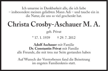 Traueranzeige von Christa Crosby-Aschauer von Süddeutsche Zeitung