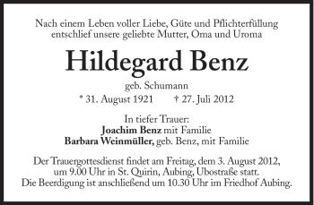Traueranzeige von Hildegard Benz von Süddeutsche Zeitung