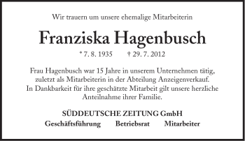 Traueranzeige von Franziska Hagenbusch von Süddeutsche Zeitung