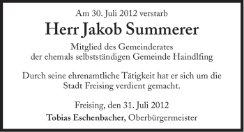 Traueranzeige von Jakob Summerer von Süddeutsche Zeitung