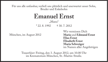 Traueranzeige von Emanuel Ernst von Süddeutsche Zeitung
