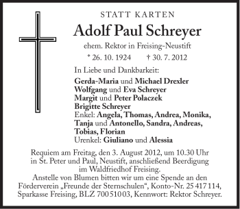 Traueranzeige von Adolf Paul  Schreyer von Süddeutsche Zeitung