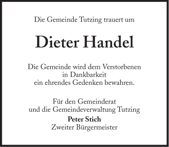 Traueranzeige von Dieter Handel von Süddeutsche Zeitung
