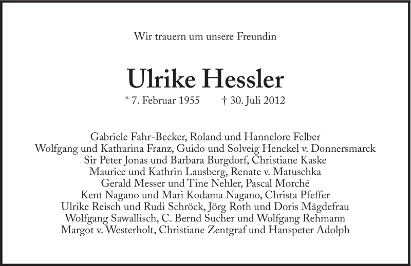  Traueranzeige für Ulrike Hessler vom 01.08.2012 aus SZ Trauer