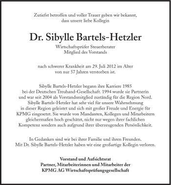 Traueranzeige von Sibylle Bartels-Hetzler von Süddeutsche Zeitung