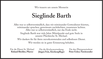 Traueranzeige von Sieglinde Barth von Süddeutsche Zeitung