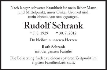 Traueranzeige von Rudolf Schrank von Süddeutsche Zeitung