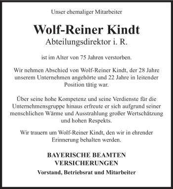 Traueranzeige von Wolf-Reiner Kindt von Süddeutsche Zeitung