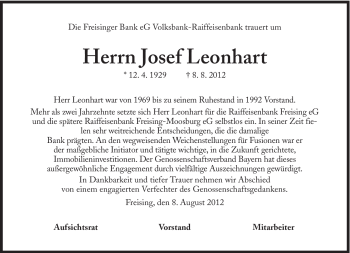 Traueranzeige von Josef Leonhart von Süddeutsche Zeitung