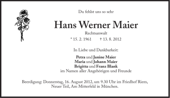 Traueranzeige von Hans Werner  Maier von Süddeutsche Zeitung