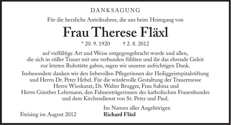  Traueranzeige für Therese Fläxl vom 18.08.2012 aus Süddeutsche Zeitung