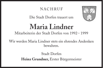 Traueranzeige von Maria Lindner von Süddeutsche Zeitung