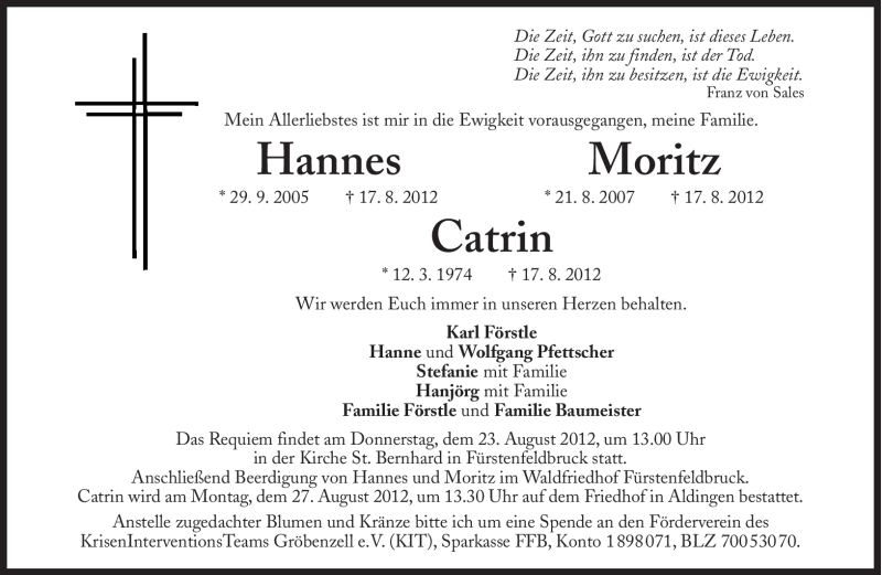  Traueranzeige für Hannes, Moritz, Catrin  vom 22.08.2012 aus Süddeutsche Zeitung
