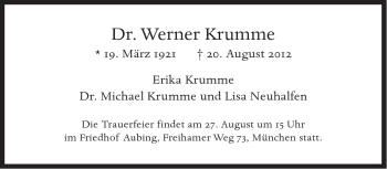 Traueranzeige von Werner Krumme von Süddeutsche Zeitung