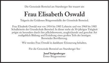Traueranzeige von Elisabeth Oswald von Süddeutsche Zeitung