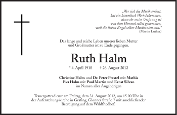 Traueranzeige von Ruth Halm von Süddeutsche Zeitung