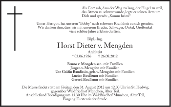 Traueranzeige von Horst Dieter von Mengden von Süddeutsche Zeitung