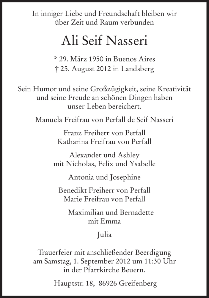  Traueranzeige für Ali Seif Nasseri vom 30.08.2012 aus Süddeutsche Zeitung