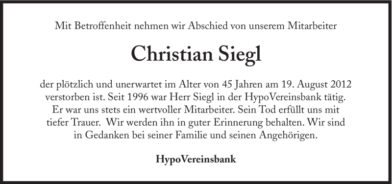  Traueranzeige für Christian Siegl vom 31.08.2012 aus Süddeutsche Zeitung